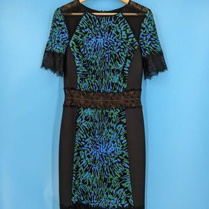 Tadashi Shoji Size 14 Black, Blue and Green Midi Length Cocktail Dress
